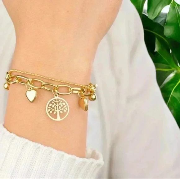 🆕️18K Gold Plated Stainless Steel Tree of Life Charm Bracelet w Hearts & Beads - Picture 5 of 10